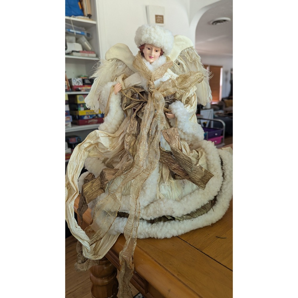 Vintage Style‎ Porcelain Angel Christmas Tree Topper Gold Cream Faux Fur 15 Inch